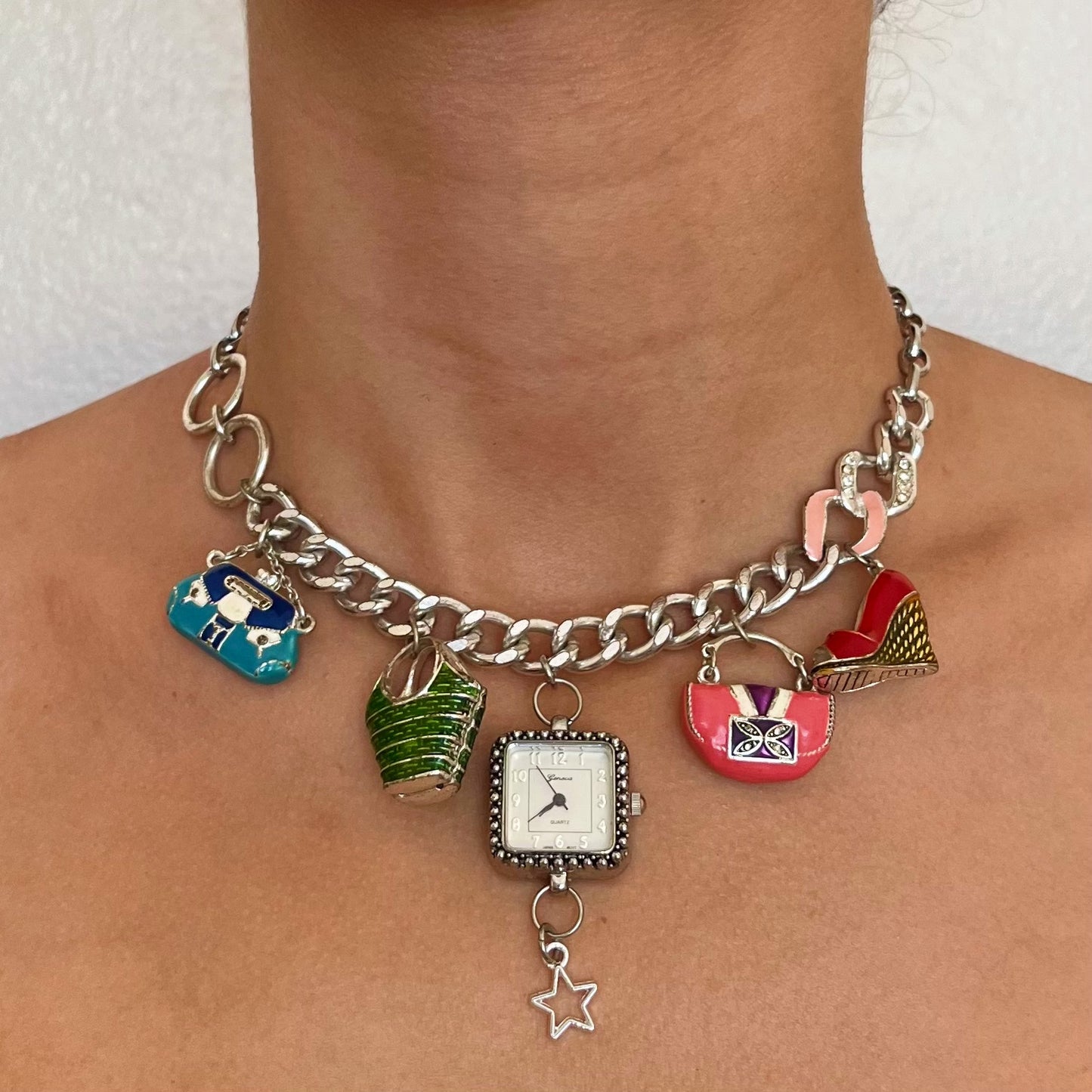 Made from 90’s Vintage Charm Bracelet Silver Tone Up-Cycled Watch Choker Necklace