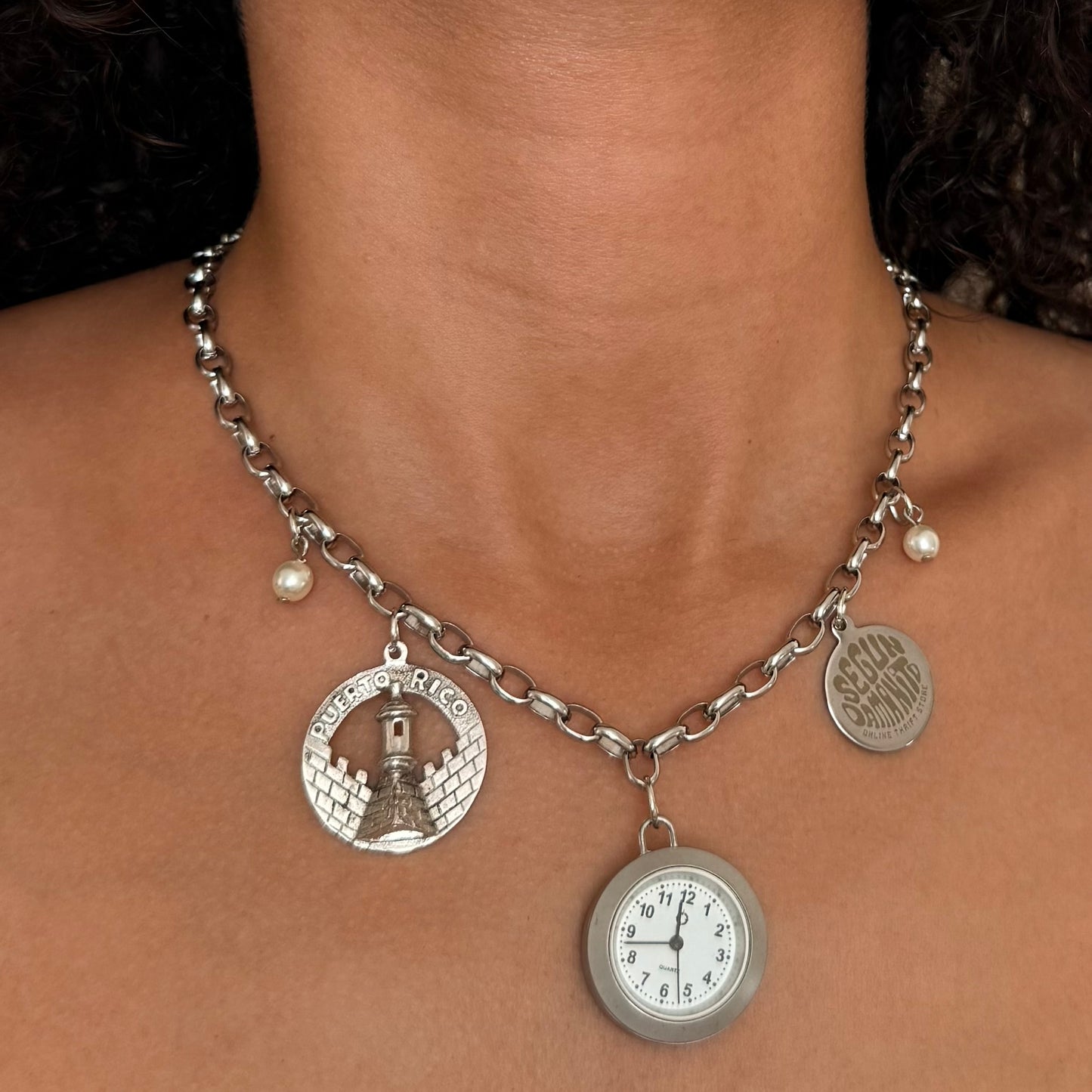 Silver Tone Vintage Charms Up-Cycled Watch Necklace
