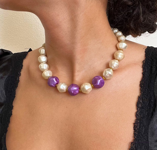 Pearly + Purple Beads 90’s Vintage Stone Necklace