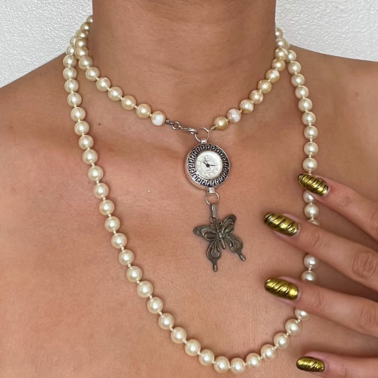 Pearls & Silver Tone Up-Cycled Watch Multi Use Necklace
