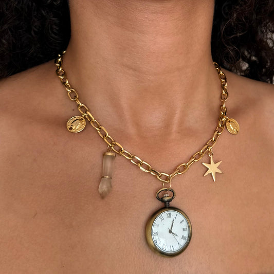 Gold Tone Vintage Charms Up-Cycled Watch Necklace