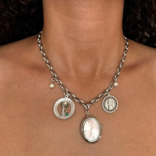 Silver Tone Vintage Charms Up-Cycled Watch Necklace