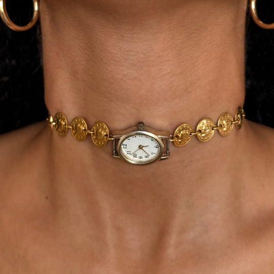 Gold Tone Up-Cycled Watch Choker Necklace