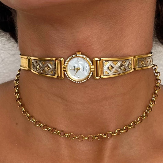 Double Tone Layered Up-Cycled Watch Choker Necklace